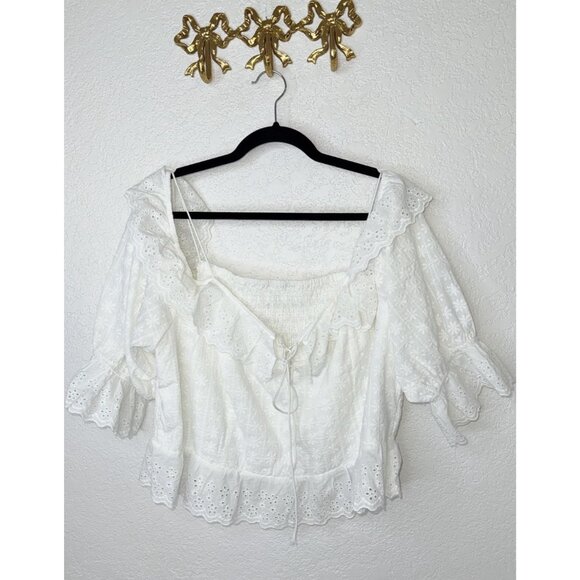 Cider Tops - Cider White Off Shoulder Top Ruffles Puff Sleeves Eyelet Lace Embroidery 3X K